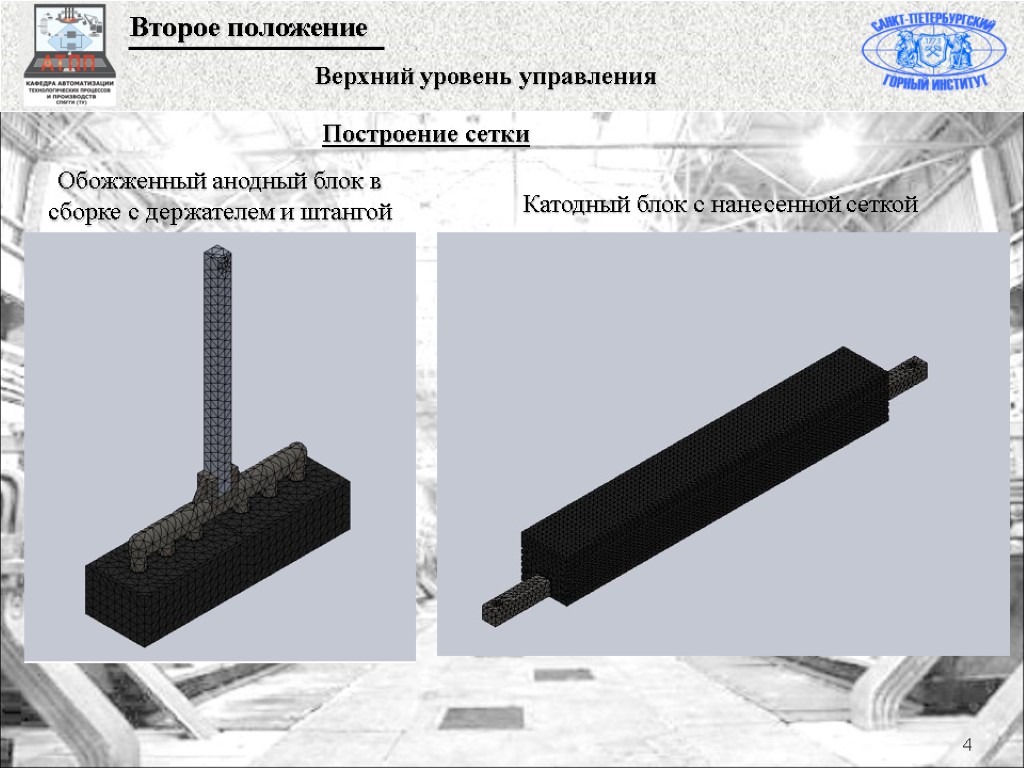 4 Построение сетки Второе положение Верхний уровень управления Обожженный анодный блок в сборке с